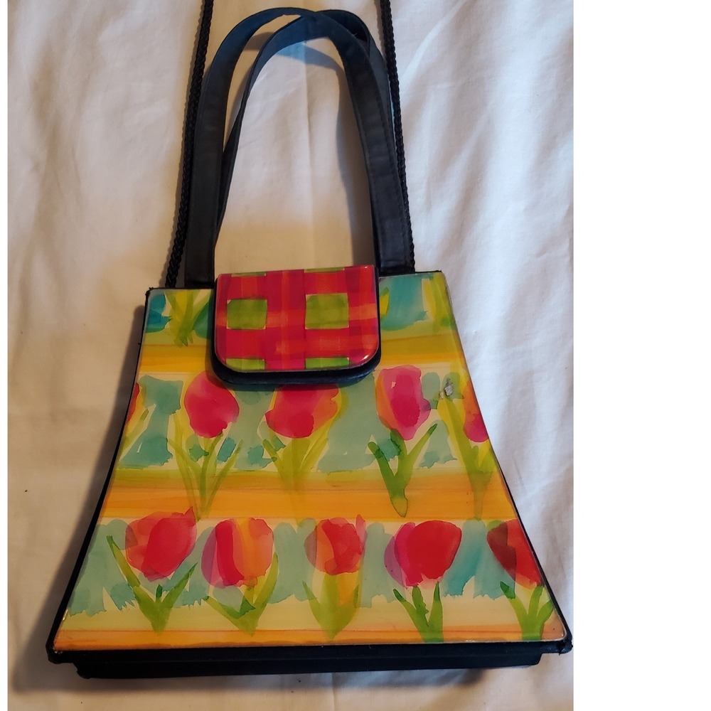 Angela Frascone Watercolor Tulip Floral Trapezoid Handbag Black Multicolor Bag